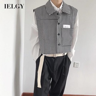 IELGY Houndstooth เสื้อกั๊ก ผู้ชาย สไตล์เกาหลี อินเทรนด์ หลวม แขนกุด เสื้อ