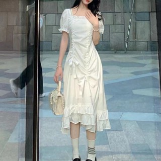 JH.lucky เดรสยาว เดรสแนวแฟรี่ เดรสสีขาว เดรสสีดำ คอเหลี่ยม ผ้ายืด มีเชือดดึงด้านหน้า (มีภาพสินค้าจริง) #9698