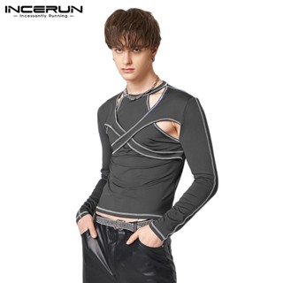 Incerun เสื้อยืด ออกแบบไขว้ สีพื้น สดใส ยืดหยุ่น เข้ารูป