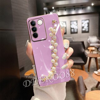 เคสโทรศัพท์มือถือแบบนิ่ม ขอบตรง พร้อมสายคล้องมือ ประดับมุก สําหรับ VIVO V29 Y27 Y36 Y78 Y02T Y02A 5G 4G VIVOV29 VIVOY27