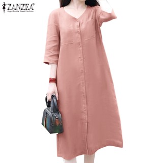 ZANZEA Women Korean Daily Casual 3/4 Sleeve Breasted V-Neck Dresses