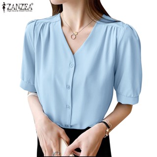 Zanzea เสื้อเชิ้ต คอวี แขนพอง 3/4 จับจีบ แฟชั่นสไตล์เกาหลี สําหรับผู้หญิง
