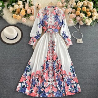 Court style dress 2020 new autumn temperament shirt collar bubble sleeve retro printed dress dress skirt