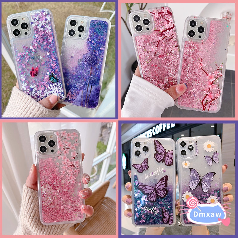 เคสโทรศัพท์มือถือ แบบกลิตเตอร์ในของเหลว ลายดอกซากุระ ดอกเดซี่ ผีเสื้อ พีช ดอกไม้ ระยิบระยับ สําหรับ iPhone X XR XS Max 8 7 6 6s Plus SE 2020 5 5S SE