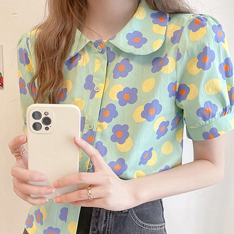 เสื้อเชิ้ตแขนสั้นลายดอกไม้ย้อนยุคใหม่สำหรับผู้หญิง  เนื้อผ้าใส่สบาย  เสื้อ สงกรานต์ ผู้หญิง