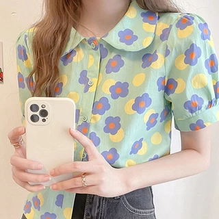 เสื้อเชิ้ตแขนสั้นลายดอกไม้ย้อนยุคใหม่สำหรับผู้หญิง เนื้อผ้าใส่สบาย เสื้อ สงกรานต์ ผู้หญิง
