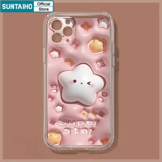 SUNTAIHO เคสโทรศัพท์มือถือแบบนิ่ม ใส กันกระแทก ลายสติกเกอร์ดาว สีชมพู สําหรับ iPhone 11 Pro Max 12 13 14 Pro XR XS Max 7 Plus 8 Plus