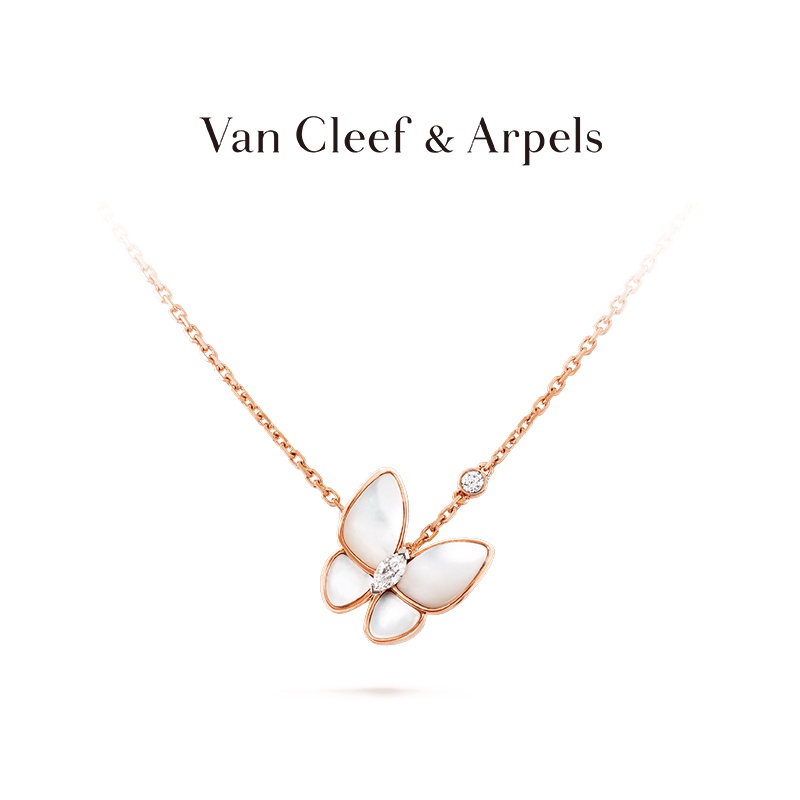 [พร้อมกล่องบรรจุภัณฑ์] Vca Van Cleef &amp; Arpels สร้อยคอ จี้ผีเสื้อสองตัว สีโรสโกลด์ เพชร ผีเสื้อ
