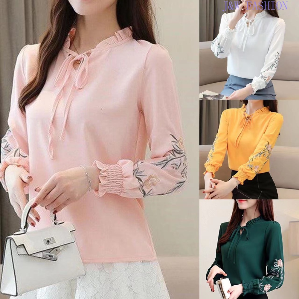 เสื้อชีฟองสําหรับผู้หญิงขนาดบวกสไตล์เกาหลีทุกการแข่งขันเสื้อเชิ้ตแขนยาวพิมพ์ลายดอกไม้