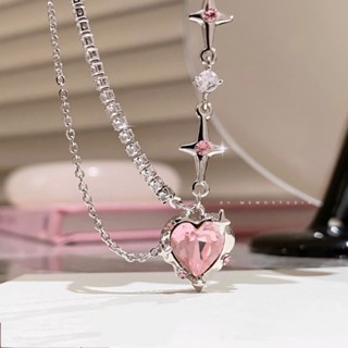 New Trend Cool Hot Girl Pink Diamond Love Star Awn Patchwork Diamond Chain Small Crowd Sweet Cool Silver-plated High Grade Necklace Pink Ins