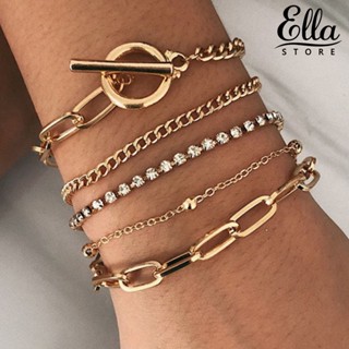 Ellastore123 สร้อยข้อมือโซ่ หลายชั้น ประดับพลอยเทียม ปรับได้ สําหรับผู้หญิง 5 ชิ้น