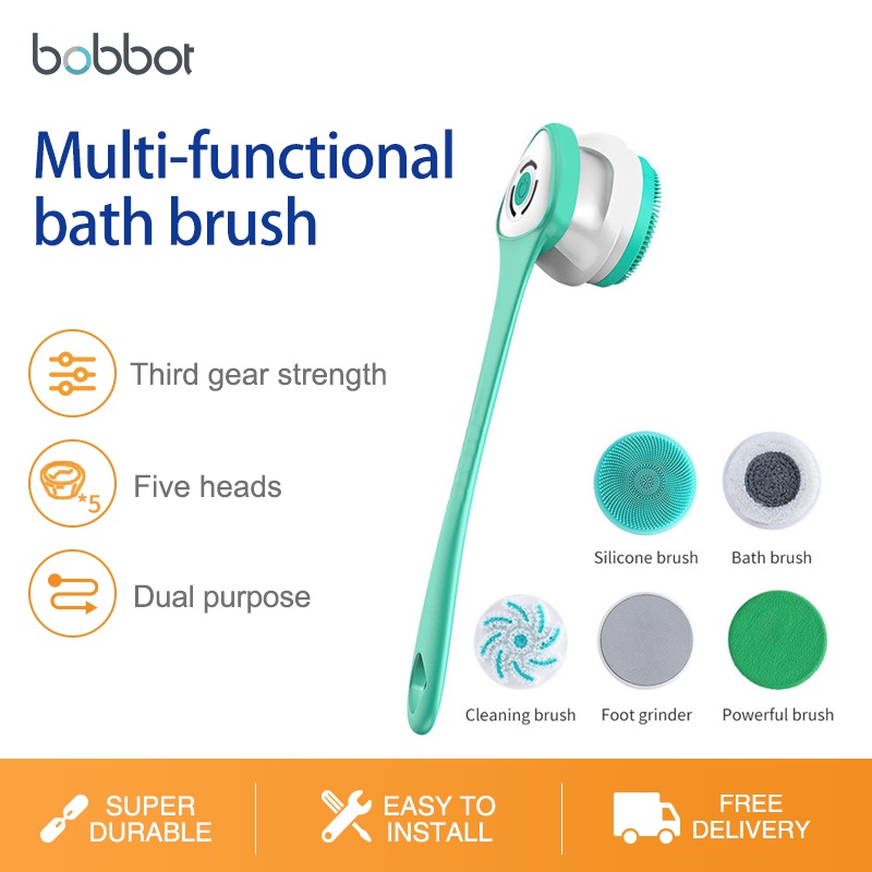 Bobbot 5 in 1 เครื่องขัดหลังไฟฟ้า ด้ามจับยาว กันน้ํา ชาร์จ USB อาบน้ํา ทําความสะอาดร่างกาย ในครัวเรือน