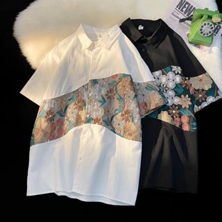 เสื้อเชิ้ตแขนสั้น แขนห้าส่วน ปักลายดอกไม้ สไตล์เกาหลี แฟชั่นฤดูร้อน สําหรับผู้ชาย 2023