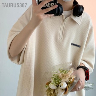 Taurus307 ผู้ชายแขนสั้นซิปด้านบนแฟชั่นสบาย ๆ หลวมสีธรรมดาเปิดลงเสื้อคอปก T เสื้อ