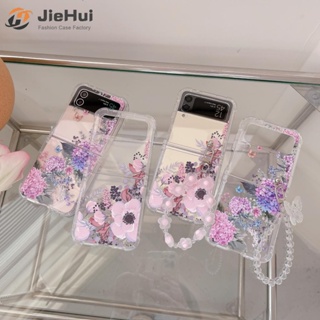 Jiehui เคสโทรศัพท์มือถือ ลายดอกไม้ พร้อมสายโซ่คล้อง สําหรับ Samsung Z Flip4 Z Flip3