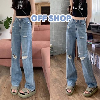 OFF SHOP พร้อมส่ง (OFF-8830)  กางเกงยีนส์ขายาวเอวสูง ทรงกระบอก ดีเทลขาดๆเท่ๆ  -NZ