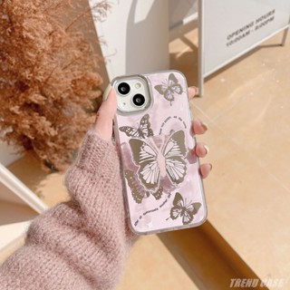 เคสโทรศัพท์มือถือกระจก ชุบไฟฟ้า กันกระแทก ลายผีเสื้อ สีชมพู สําหรับ iPhone 14 13 12 11 14Pro 13 Pro Max