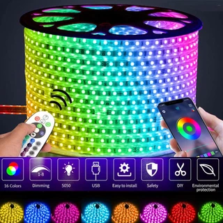 บ้านรสชาติ220โวลต์หลอดไฟLED Strip RGB บลูทู ธ IP67 ไฟ LED เทปยืดหยุ่นกันน้ำ 60led/M พร้อมปลั๊ก ไฟเส้น ไฟตกแต่งห้