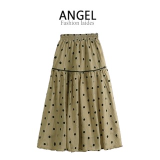 [4 สี] ANGEL แฟชั่นผู้หญิง midi กระโปรง organza ลายจุด พิมพ์เกาหลี ยืดหยุ่น เอวสูง ทรงเอ บาง ขนาดใหญ่ กระโปรงสวิง กระโปรงจีบยาว สําหรับผู้หญิง