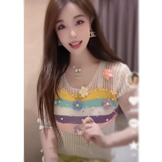 เสื้อถัก คอกลม แขนสั้น ปักลายดอกไม้ สไตล์ฝรั่งเศส แฟชั่นฤดูร้อน สําหรับผู้หญิง 2023