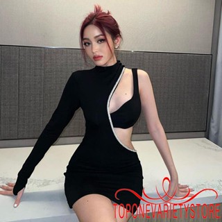 Topone- ชุดมินิเดรส บอดี้คอน คอกลม แขนยาว เปิดไหล่ข้างเดียว ประดับพลอยเทียม เหมาะกับงานเลี้ยงค็อกเทล แฟชั่นฤดูใบไม้ผลิ สําหรับผู้หญิง