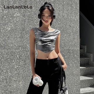 Lanlanlolo เสื้อยืดครอป เอวลอย สะดือ สะท้อนแสง สีพื้น เซ็กซี่ สําหรับผู้หญิง 2023