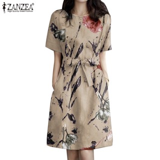 ZANZEA Women Korean Daily Floral Printed Belt O-Neck Short Sleeve Dress