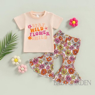 Babygarden-6m-4y ชุดเสื้อผ้าเด็กทารก เสื้อยืดคอกลม แขนสั้น พิมพ์ลายตัวอักษร และกางเกงขาบาน พิมพ์ลายดอกไม้