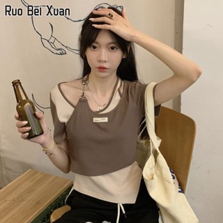 RUO BEI XAUN เสื้อยืดสตรีฤดูร้อนใหม่แฟชั่นแขวนเสื้อแขนสั้นไม่สม่ำเสมอ