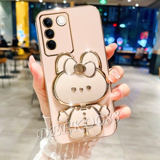 เคสโทรศัพท์มือถือนิ่ม ลายการ์ตูนกระต่ายน่ารัก พร้อมกระจกแต่งหน้า ขาตั้ง สําหรับ VIVO V27e V25 Pro 5G V25e X90 Pro Y02 Y22 Y22S Y35 4G 5G