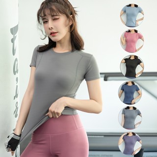 TopSports Slim Fit โยคะสวมใส่ผู้หญิงออกกำลังกายกระชับวิ่งขี่เหงื่อดูดเร็วแห้ง lulu ระบายอากาศโยคะแขนสั้นเสื้อยืด