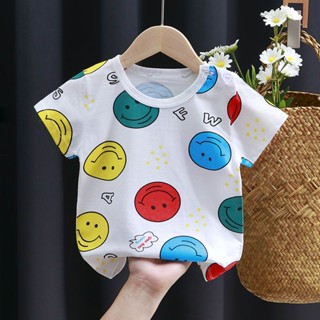 พร้อมส่ง เสื้อยืดแขนสั้นลําลอง คอกลม ผ้าฝ้ายแท้ ดูดซับเหงื่อ ระบายอากาศได้ดี พิมพ์ลายการ์ตูน สไตล์เกาหลี สําหรับเด็กผู้ชาย และเด็กผู้หญิง