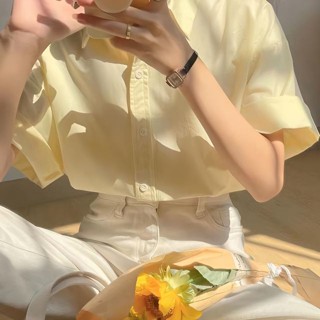 เสื้อโปโลแขนสั้น มีปก ทรงหลวม เสื้อเชิ้ตสีเหลืองผู้หญิง สไตล์ฝรั่งเศส เรียบง่าย