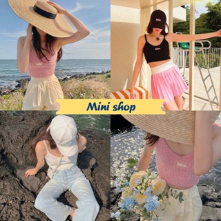 Mini shop🌸พร้อมส่ง🌸 (5K51) เสื้อสายเดี่ยวไหมพรม ลายBebe สีพาสเทลน่ารักคิ้วมากๆ