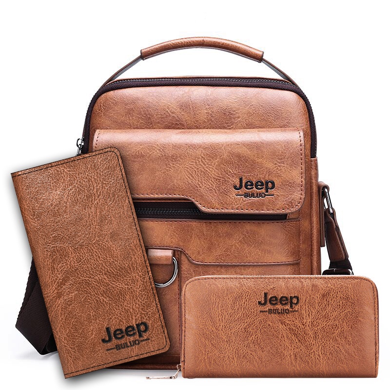Jeep BULUO PU สีทึบ Soft Face ผู้ชายไหล่ Crossbody กระเป๋าธุรกิจ Retro กระเป๋าเอกสารพร้อมกระเป๋าและกระเป๋าสตางค์ชุด