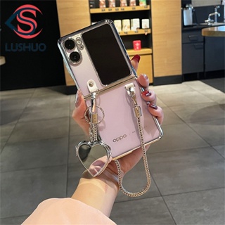 LUSHUO Phone Case for OPPO Find N2 FLIP Cute 3D Electroplate Back Cover with Love Heart Mirror Bracelet for findn2 flip