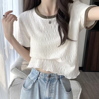 เสื้อยืดคอกลม ไหมพรมสีพาทเทลสุดคิวท์ ระบายผ้าหยักจั้มทั้งตัว #A242