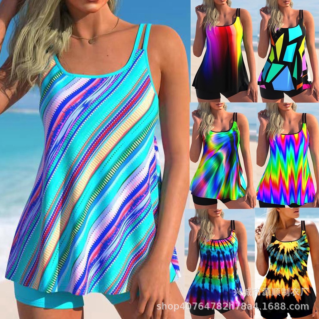 ชุดว่ายน้ำแบบแบ่งส่วน กระโปรงรูปมุมฉาก หรือชุดว่ายน้ำโรแมนติกชายหาด แบบพิมพ์ลายใหญ่สำหรับผู้หญิง