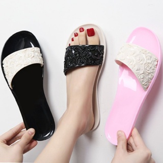 Shanshan Store Flower Crystal Plastic Seaside Beach Non-slip Thickened Sandals and Slippers Womens Summer Wear All-match Fashionable Flat Bottom Slides