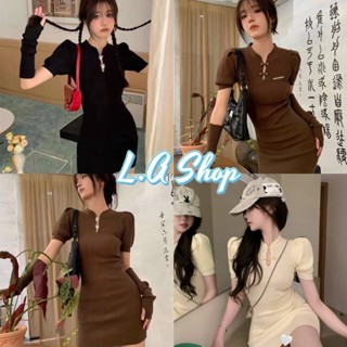 L.A Shop พร้อมส่ง ชุดเดรสไหมพรม ทรงรัดรูปฟรีไซส์ (ขายแค่เดรส) ดีเทลกระดุมเข็มกัด "M5832"