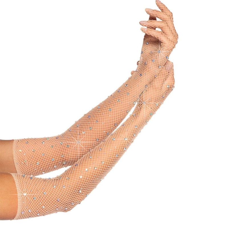 ถุงมือตาข่าย ประดับเพชร พลอยเทียม แวววาว สไตล์เรโทร พร้อมถุงมือเพชร ยืดหยุ่นสูง สําหรับงานเทศกาล