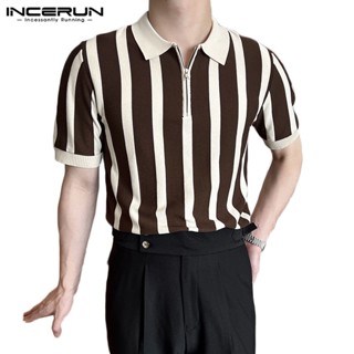 INCERUN Vintage Stripe Zipper Short Sleeve T-Shirt Casual Polo Top