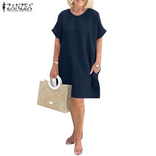 ZANZEA Women Europe Elegant Short Sleeves Vacation Causal With Pockets Dress