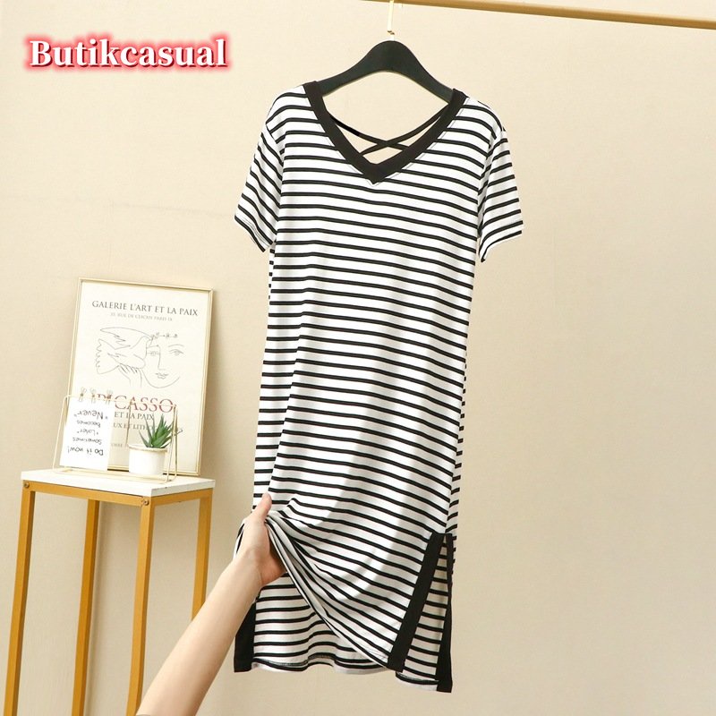 ผู้หญิง Modal Cotton striped dress หลวมธรรมดาชุด Loungewear V คอ 2025 ฤดูร้อน midi ชุด ราคา ถูกที่สุด ดีลบีเคเค แกลเลอรีภาพที่ 3