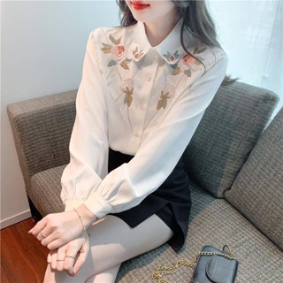 2023 Spring New French Flower Embroidered Chiffon Shirt Womens New Long Sleeve Design Feel Shirt Casual Top