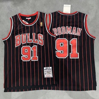 ลดกระหน่ํา คันเบ็ดบัก เบอร์ใหญ่ เสื้อกีฬาบาสเก็ตบอล ปักลาย NBA 91 Bull สีดํา สีแดง สไตล์เรโทร 508982