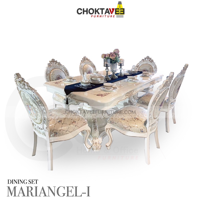 ชุดโต๊ะอาหาร 8ที่นั่ง 190-240cm. (ท็อปปรับได้) วินเทจ หลุยส์ สีขาว (Platinum Classic Series) รุ่น TTB-LV MARIANGEL-I