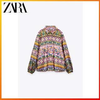 Zara เสื้อเชิ้ต ผ้าซาติน ผ้าไหม พิมพ์ลาย แฟชั่นฤดูใบไม้ผลิ สําหรับผู้หญิง