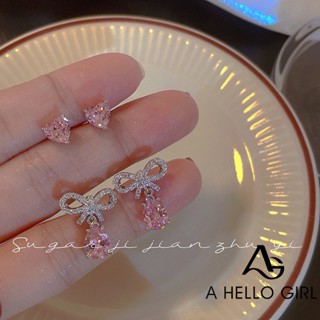 A HELLO GIRL ต่างหูเข็มเงิน 925 ประดับเพทาย สีชมพู เรียบง่าย สําหรับผู้หญิง