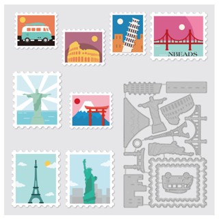 1pc Attractions Pattern Embossing Dies 10x16cm Bus Statue Eiffel Tower Leaning Tower of Pisa Balloon Die Cuts Metal Cutting Stencils for Halloween Scrapbook